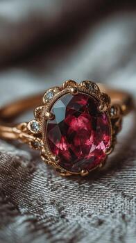 Beautiful vintage ring featuring a large red gemstone with intricate gold detailing on a soft velvet background photo