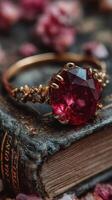 Elegant ruby ring resting on an antique book surrounded by dried flowers and vintage elements photo