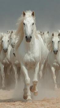 manada de majestuoso blanco caballos Galopando mediante el polvo en un abierto campo durante un nublado tarde foto