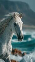 Majestic white horse splashes through ocean waves along rocky coastline at sunset photo