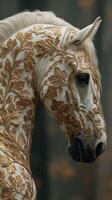 Majestic white horse adorned with intricate golden leaf patterns set against a blurred autumn backdrop photo