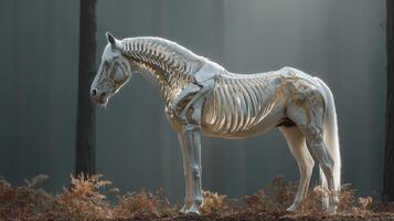 Detailed view of an anatomical horse skeleton standing in a misty forest during early morning light photo