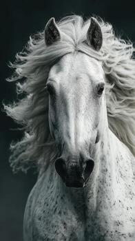 Majestic white horse with flowing mane standing majestically against a dark backdrop in a tranquil outdoor setting photo