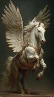 Majestic white winged horse rearing in an ethereal setting with dramatic lighting photo