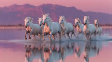 Herd of white horses galloping through shallow water during sunset near mountains photo
