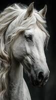 Majestic white horse with flowing mane captured in soft light against dark background during early morning hours photo