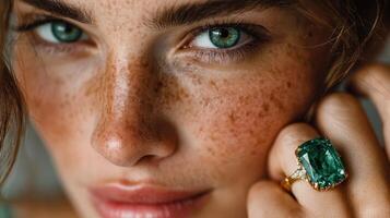 Close-up of a young woman showcasing striking blue eyes and a large emerald ring, highlighting her freckles and natural beauty photo