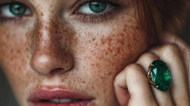 Woman with striking freckles and emerald ring gazes thoughtfully at the camera in a softly lit indoor setting photo