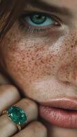 Close-up of a woman with striking green eyes and freckles highlighting her beauty in a natural, relaxed setting photo