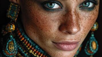 Unique portrait featuring a woman with striking freckles and vibrant jewelry in a close-up shot photo