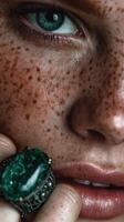 Close-up of a freckled face highlighting a vintage green gemstone ring in natural light photo