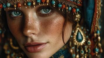 Close-up portrait of a woman in traditional cultural attire with intricate accessories and striking features in a vibrant setting photo