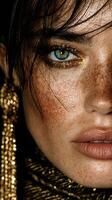 Close-up portrait of a model showcasing striking golden eye makeup and freckles with a dramatic expression photo