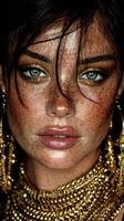 Close-up of a model showcasing shimmering gold makeup and elaborate jewelry in a high-fashion setting photo