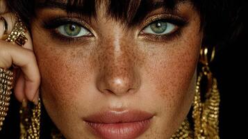 Close-up of a woman with striking eyes and freckles adorned in elegant gold jewelry under dramatic lighting photo