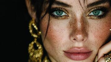 Close-up of a woman with striking green eyes and makeup showcased by golden accents and earrings in a dark setting photo