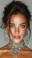 Model showcases elegant jewelry with shimmering details in a close-up portrait photo