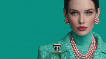 Stylish woman in elegant outfit showcasing luxury perfume in vibrant turquoise setting photo