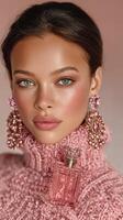 Close-up of a model wearing statement earrings and soft makeup with a pink sweater and a perfume bottle in a neutral setting photo
