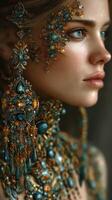 Intricate jewelry adorns a model with captivating features showcasing elegance and artistic makeup in a detailed close-up photo