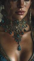 Elegant woman displaying intricate jewelry with blue gemstones in a detailed portrait photo