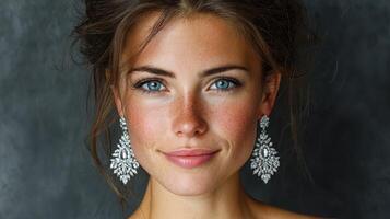 Elegant young woman with striking blue eyes and beautiful earrings poses against a textured background photo