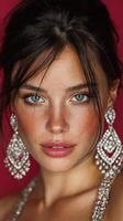 Young woman with striking blue eyes and intricate earrings poses against a vibrant pink background in an elegant setting photo