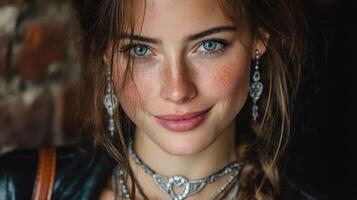 Woman with beautiful blue eyes wearing intricate jewelry in a rustic indoor setting during daylight photo