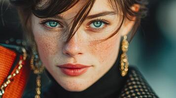Model showcases striking blue eyes and freckles in urban fashion setting during sunny afternoon photo