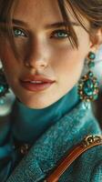 Captivating close-up of a woman with striking blue eyes wearing elegant jewelry and sophisticated attire photo