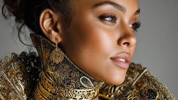 Elegant model showcases intricate jewelry and elaborate collar design in a close-up portrait photo