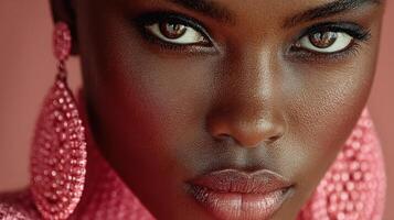 Stunning close-up portrait of a model showcasing glamorous accessories in a soft pink setting during a fashion photoshoot photo