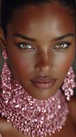 Stunning close-up of a model showcasing intricate pink jewelry in a dramatic light setting photo