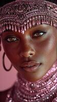 Striking close-up of a model showcasing vibrant makeup and intricate accessories during a photoshoot in a studio photo