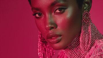 Close-up of a model with striking features and bold accessories highlights the vibrant pink background and artistic makeup photo