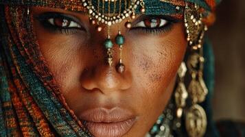 Portrait of a woman adorned with intricate jewelry and colorful fabric in a warm light setting, showcasing her captivating features photo