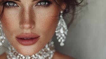 Stunning beauty with freckles and elegant jewelry captured in a close-up portrait during a soft light setting photo