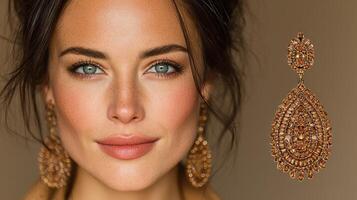 Stunning close-up of a model showcasing intricate golden earrings in a soft, elegant setting photo