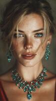 Captivating portrait of a woman with striking jewels under soft lighting in an elegant setting photo