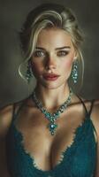 Elegant portrait of a woman wearing stunning blue jewelry in soft lighting photo
