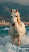 Majestic white horse galloping through ocean waves during golden hour by the shore photo