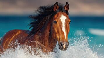 Majestic horse galloping through ocean waves on a sunny day by the beach photo