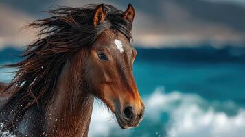 Majestic horse galloping through ocean waves under a cloudy sky at sunrise photo