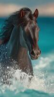 Majestic black horse galloping through turquoise ocean waves at sunset photo