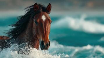 Majestic brown horse galloping through ocean waves at sunset along a serene beach photo