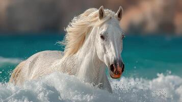 White horse splashing through ocean waves at sunset on the beach photo