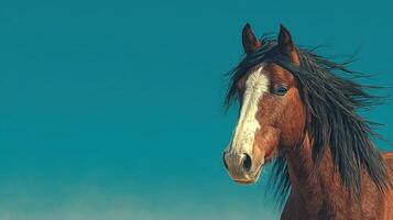 Majestic brown horse with flowing mane against a clear blue sky during a sunny day in the countryside photo