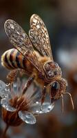 Intricate golden bee resting on a delicate flower adorned with droplets during a sunny afternoon in a serene garden photo