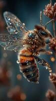 Close-up view of a bee covered in water droplets on a flower in a garden during the early morning photo