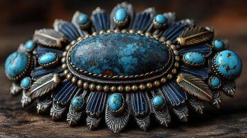Intricate turquoise and silver brooch resting on wooden surface showcasing artisan craftsmanship photo